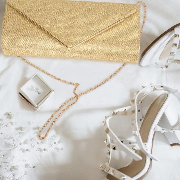 Women's Gold  Clutch Purses Sparkling Envelope Evening Bag Detachable Chain - Picture 7 of 9